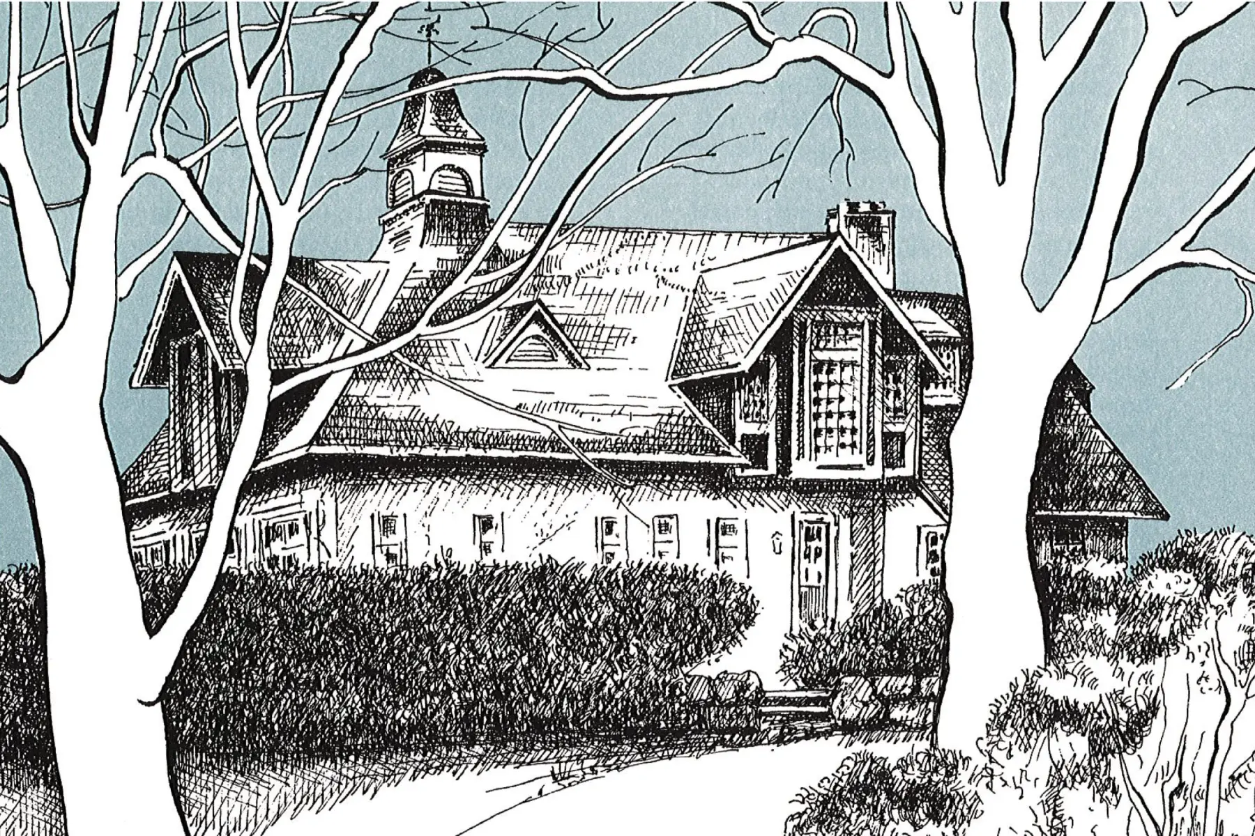 Pen-and-ink drawing of the Springdale carriage house, with its cupola, seen through bare winter trees