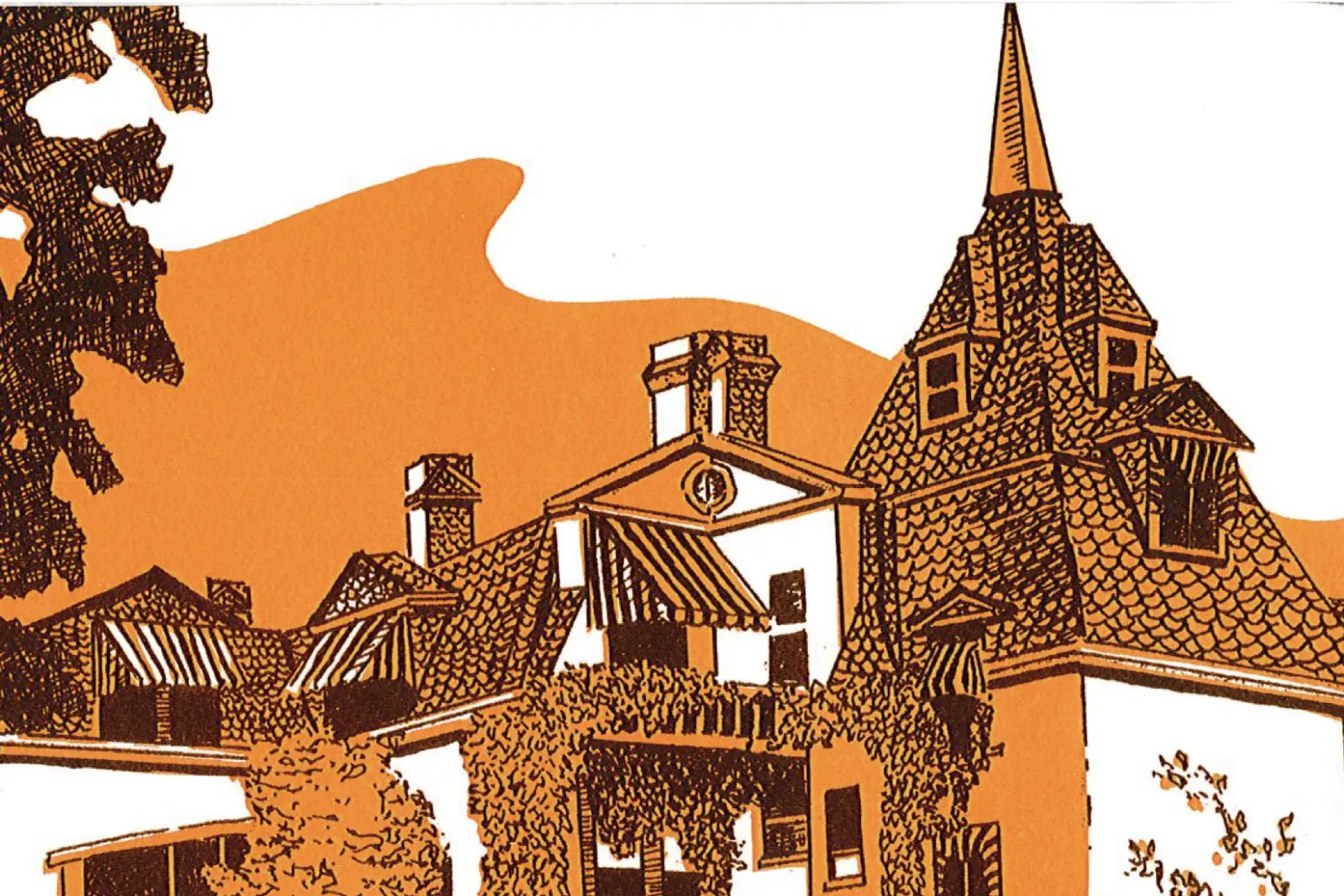 Pen-and-ink drawing, printed in orange and brown, of a large stucco house with a steep slate tower, striped awnings, and climbing vines