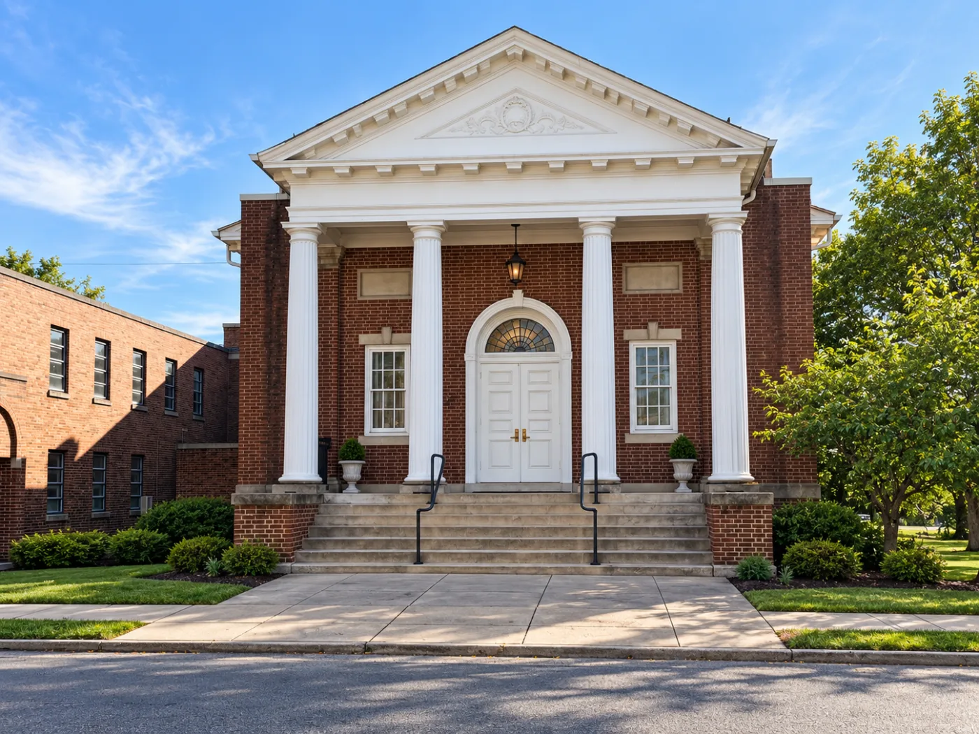 A red brick church front with a white pedimented portico on four tall columns, above a broad flight of steps