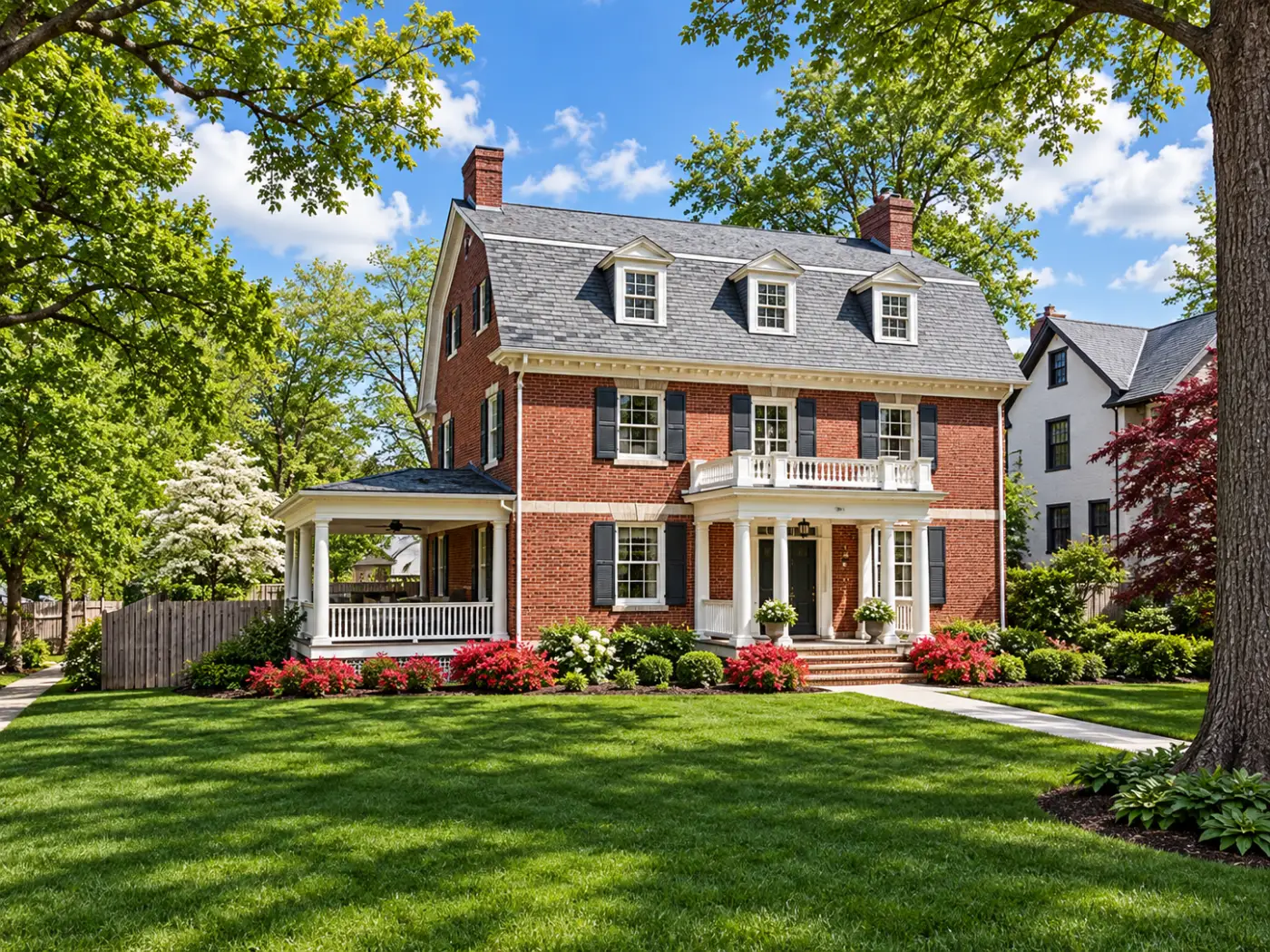 A red brick house with a gambrel roof, dormers and a columned entry porch