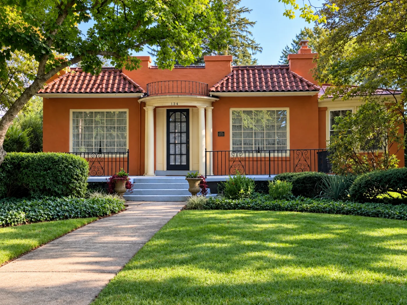 A one-storey stucco house painted terracotta, with a red tile roof, a semicircular portico on four cream columns and a small iron balcony above it
