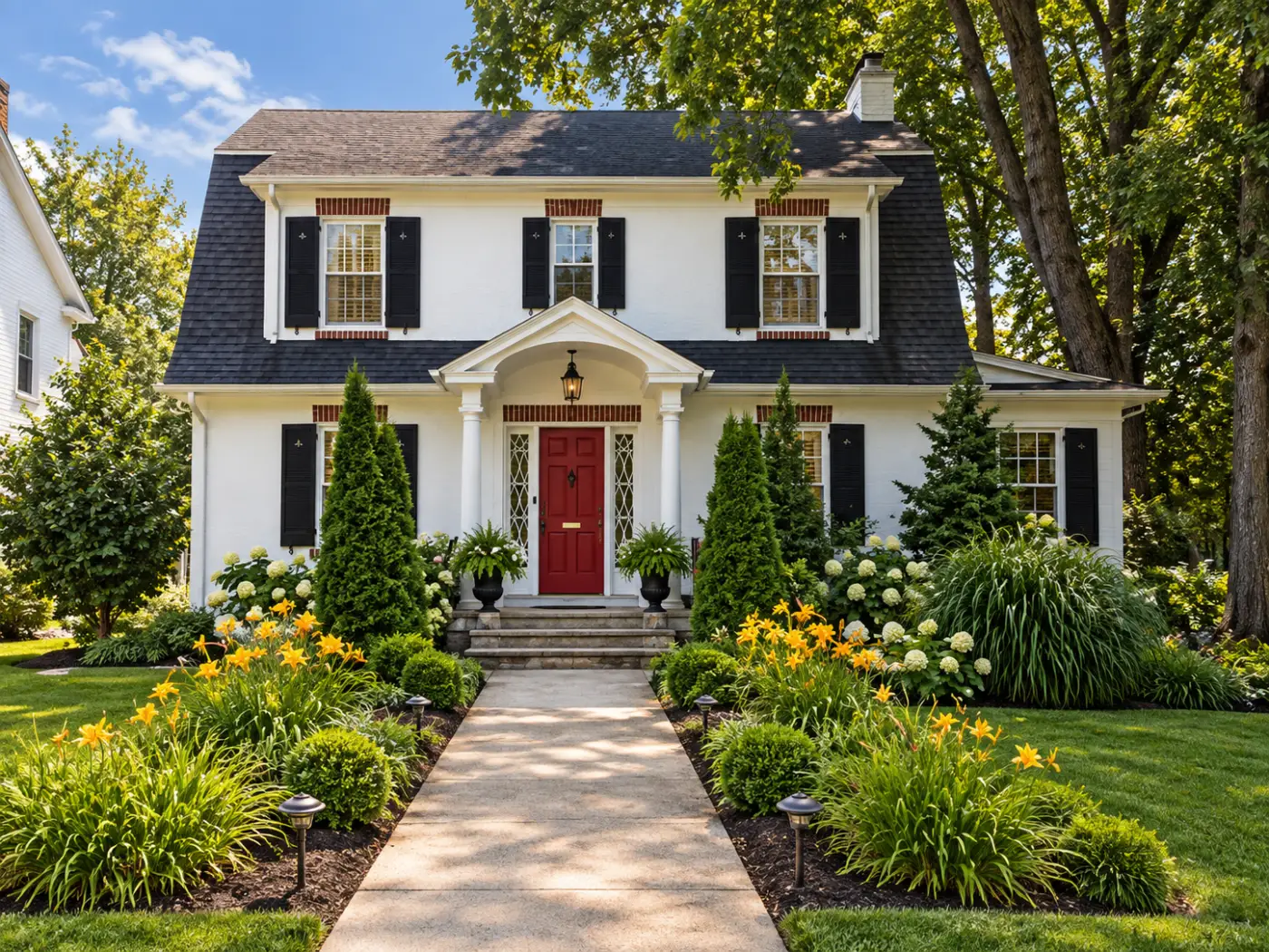 A white house with a gambrel roof, black shutters, a columned portico and a red front door
