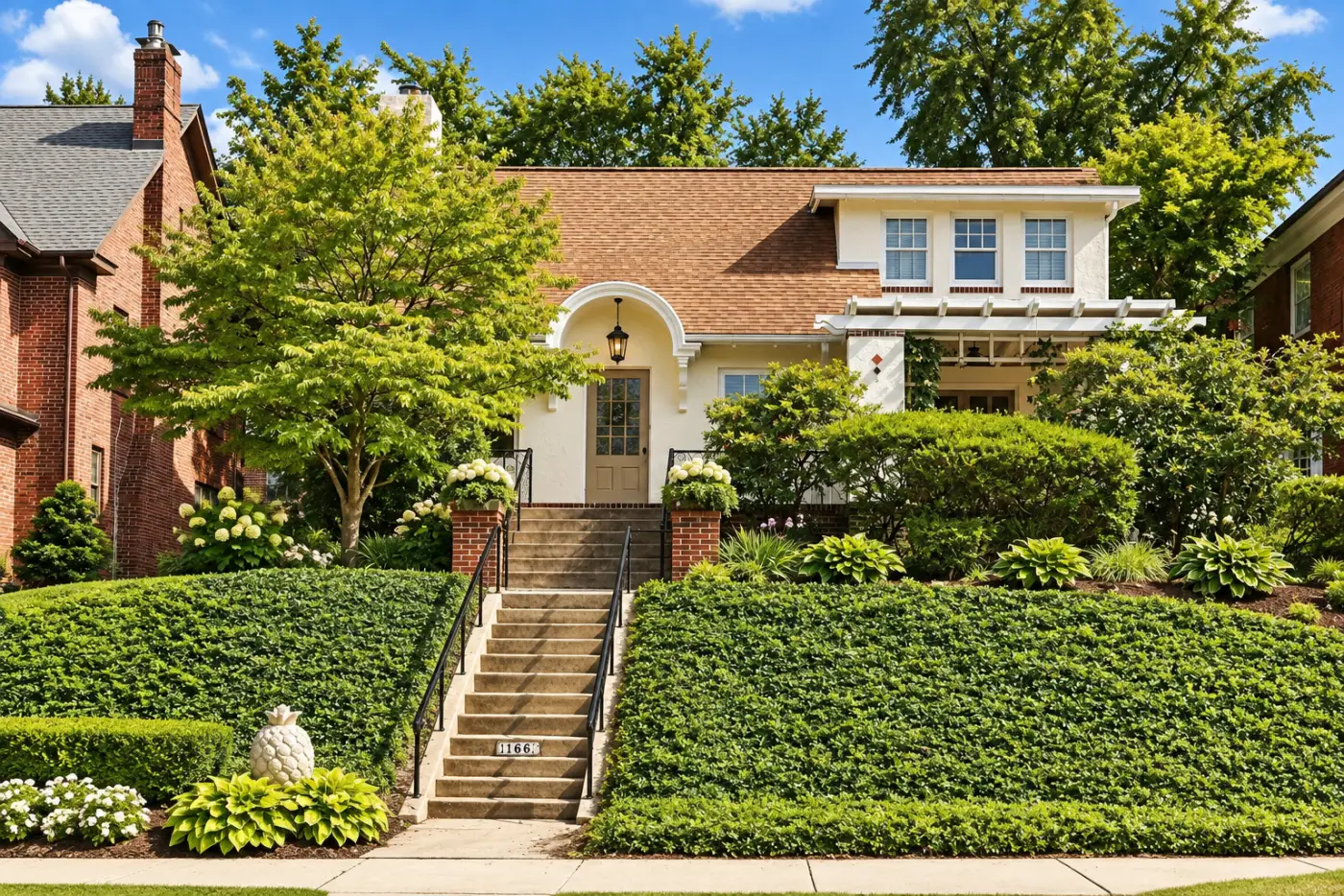 A stucco and shingle bungalow with an arched entrance and a pergola, set above the sidewalk behind clipped hedges