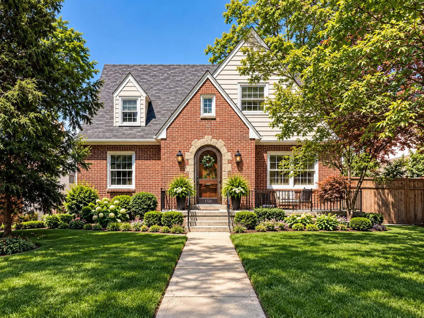 A Tudor Revival house in brick and siding, with a steep front gable and an arched stone door surround