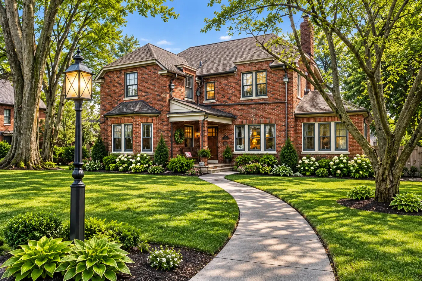 A brick house with grouped windows and a curving front walk lit by a lamppost