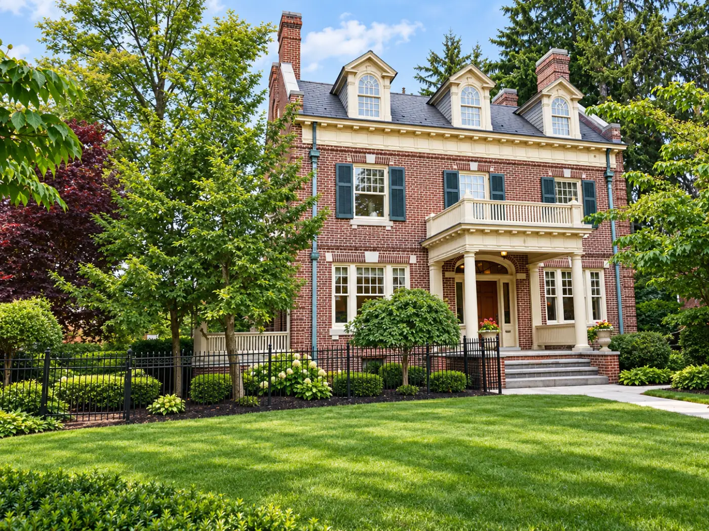 A brick house with cream trim, three arched dormers and a two-storey columned entry porch behind an iron fence