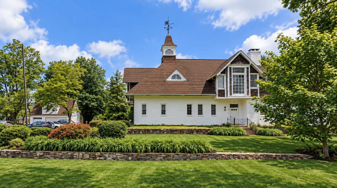 A white-painted carriage house with a shingled roof, a cupola and weather vane on the ridge, and a shingled bay above the entrance