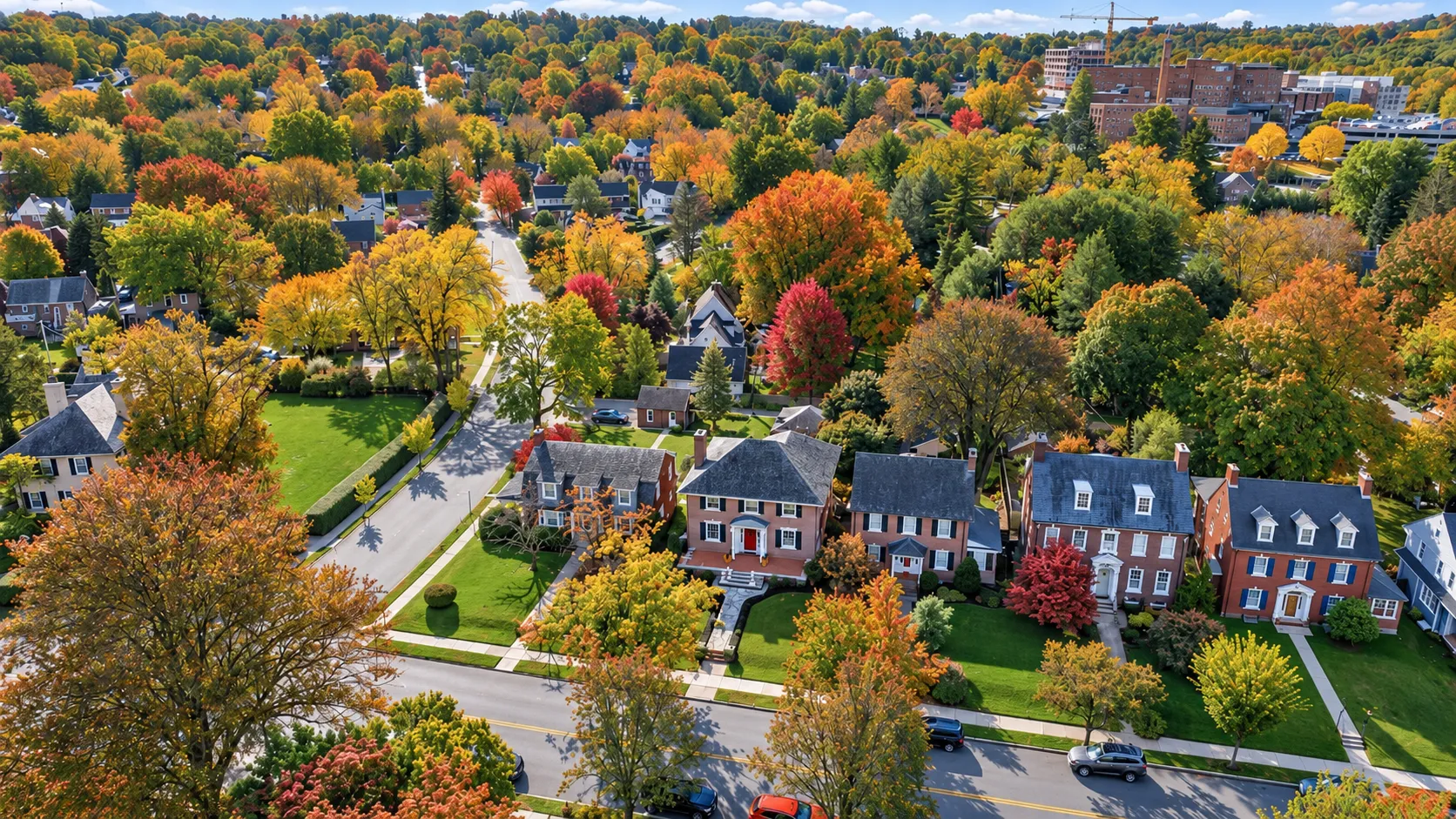 Springdale from above in autumn: brick houses along tree-lined streets, the canopy turning red and gold, with York beyond
