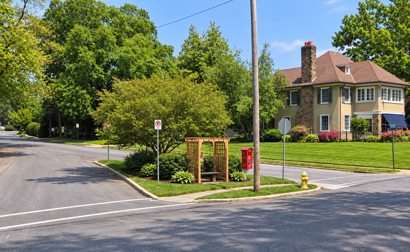 A planted triangle of grass where three streets meet, with a wooden arbor over a bench, shrubs and a hosta bed inside its own curb