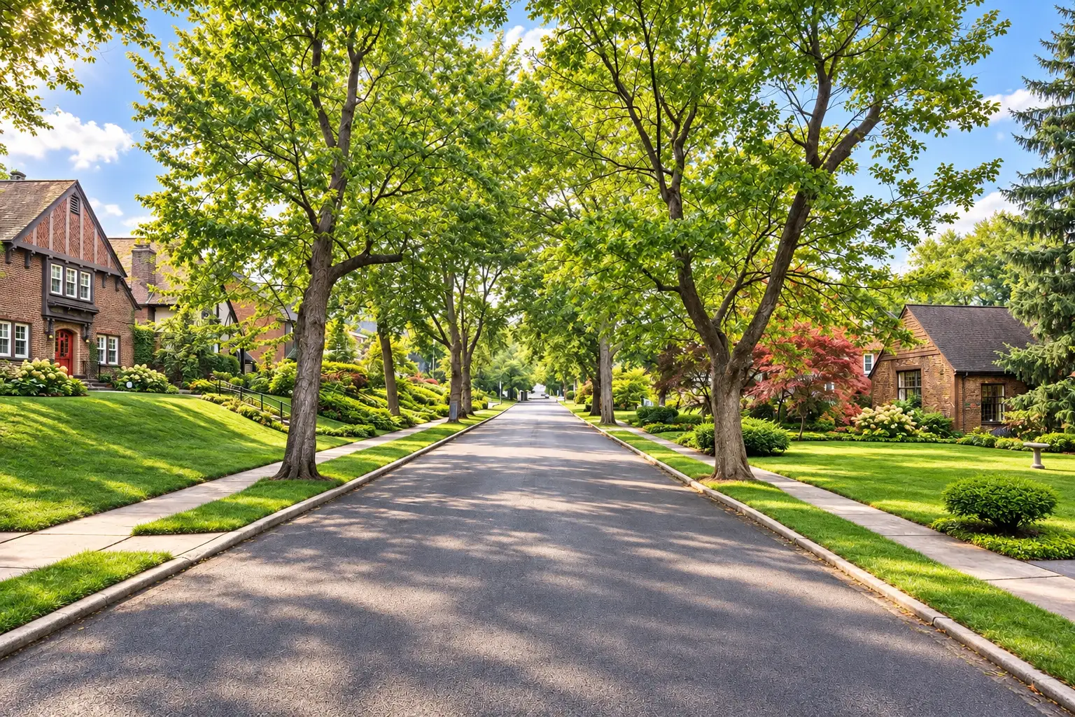 A quiet Springdale street under a canopy of mature trees, brick houses set back behind wide lawns