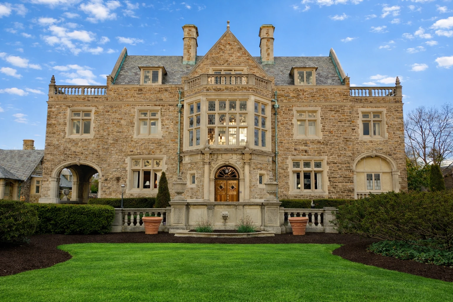 A large rough-cut stone house with leaded-glass bay windows, a carved arched entrance and stone balustrades along the roofline